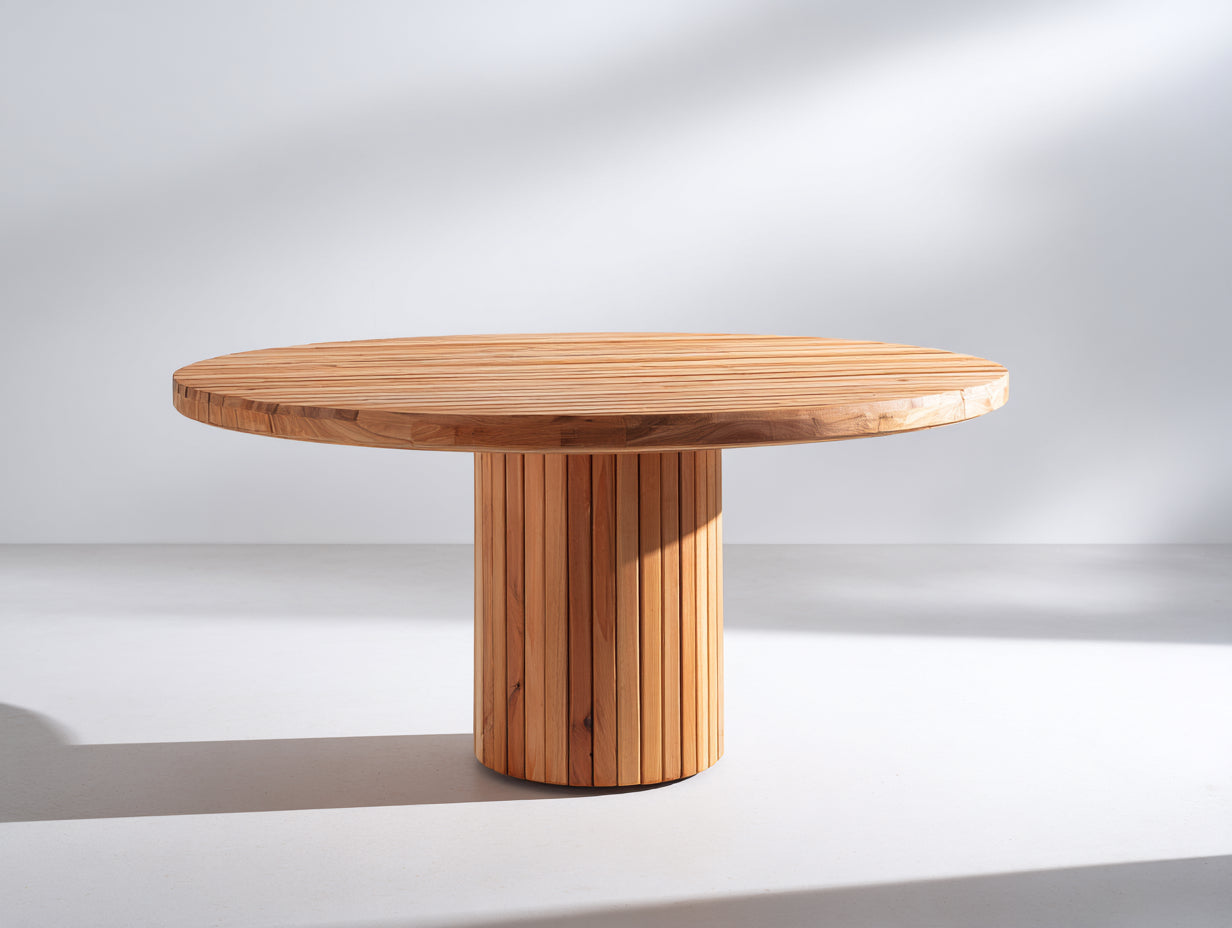 Mesa de jardín redonda de madera 120x120x76 cm - color madera natural - diseño moderno con base acanalada