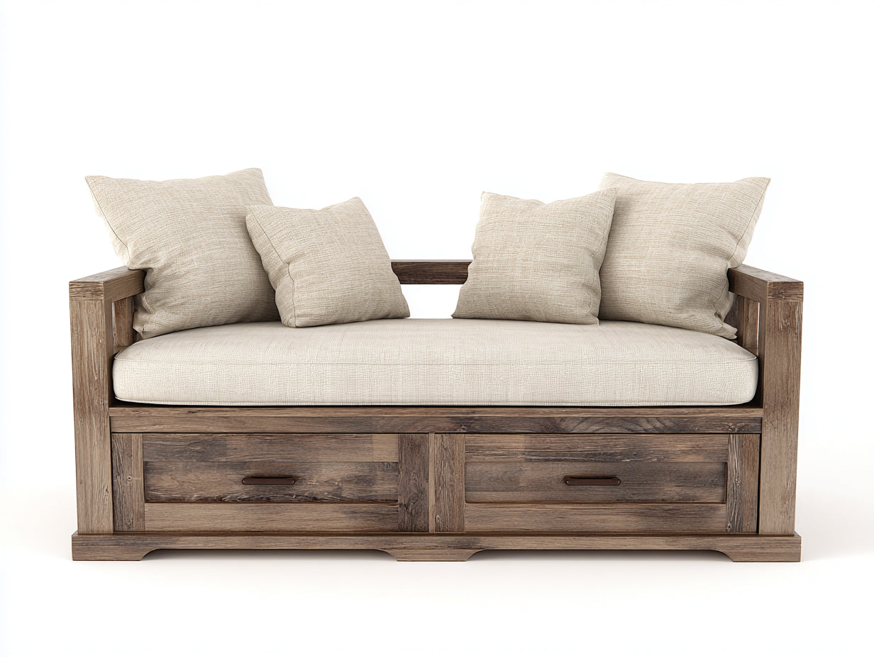 Sofás cama de madera 205x100x82 cm - marrón-beige - estilo rústico con 2 cajones