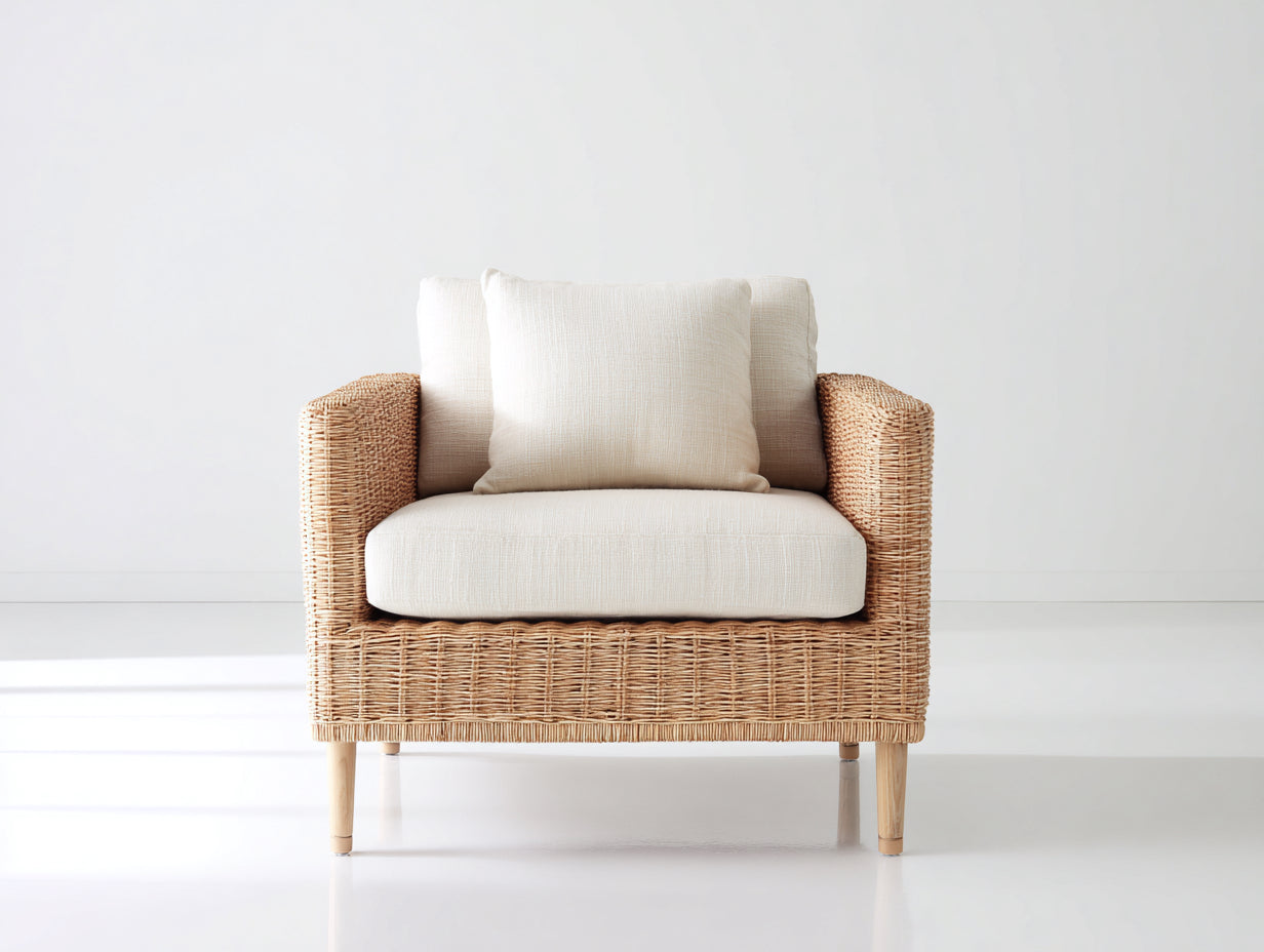 Sillón de ratán con asiento tapizado 105x88x82 cm - ratán natural - estilo mediterráneo