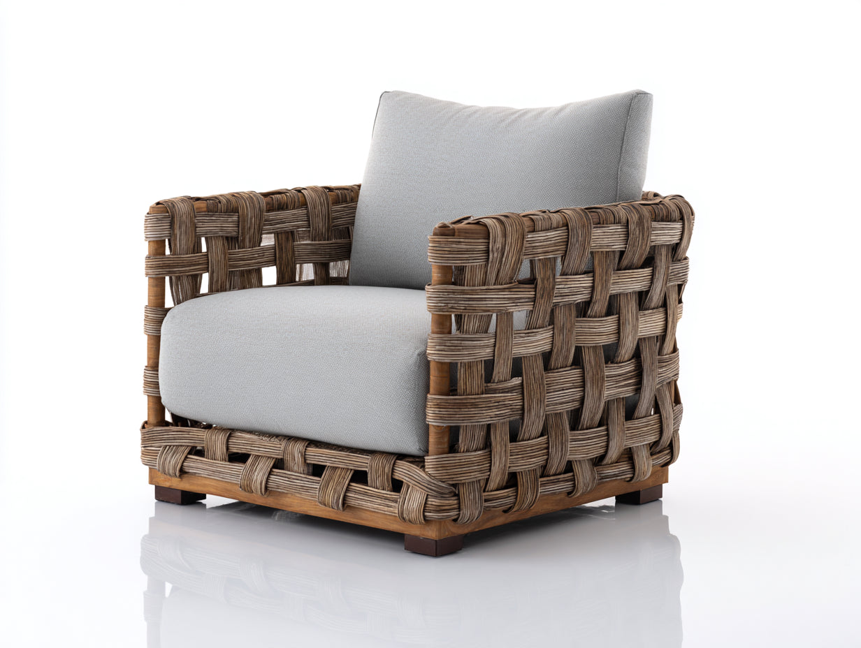 Sillón de ratán con cojines 95x85x80 cm - color ratán natural-gris - exterior e interior - diseño trenzado