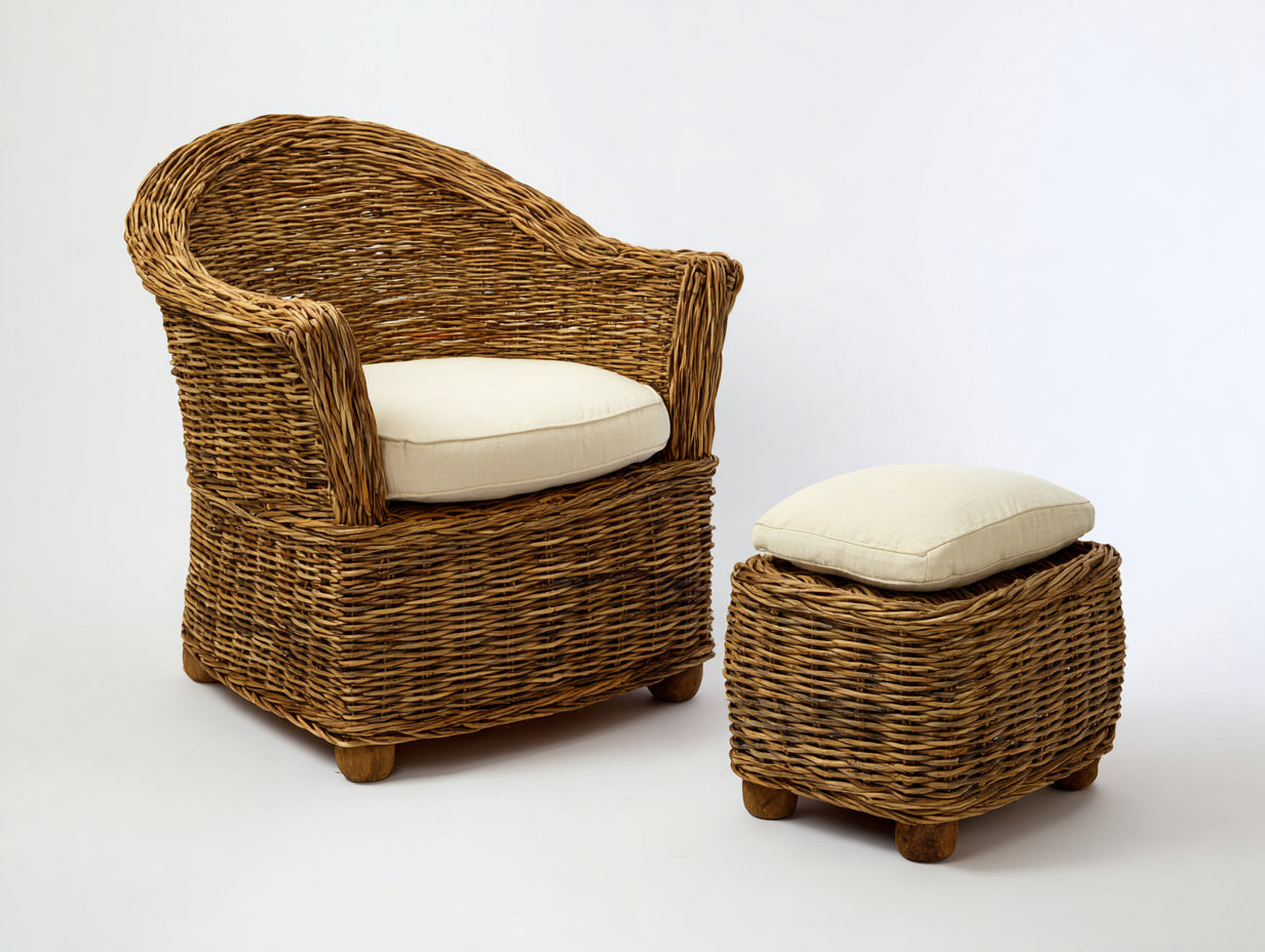 Sillones de ratán con reposapiés 82x78x88 cm - marrón natural - estilo rústico para exterior