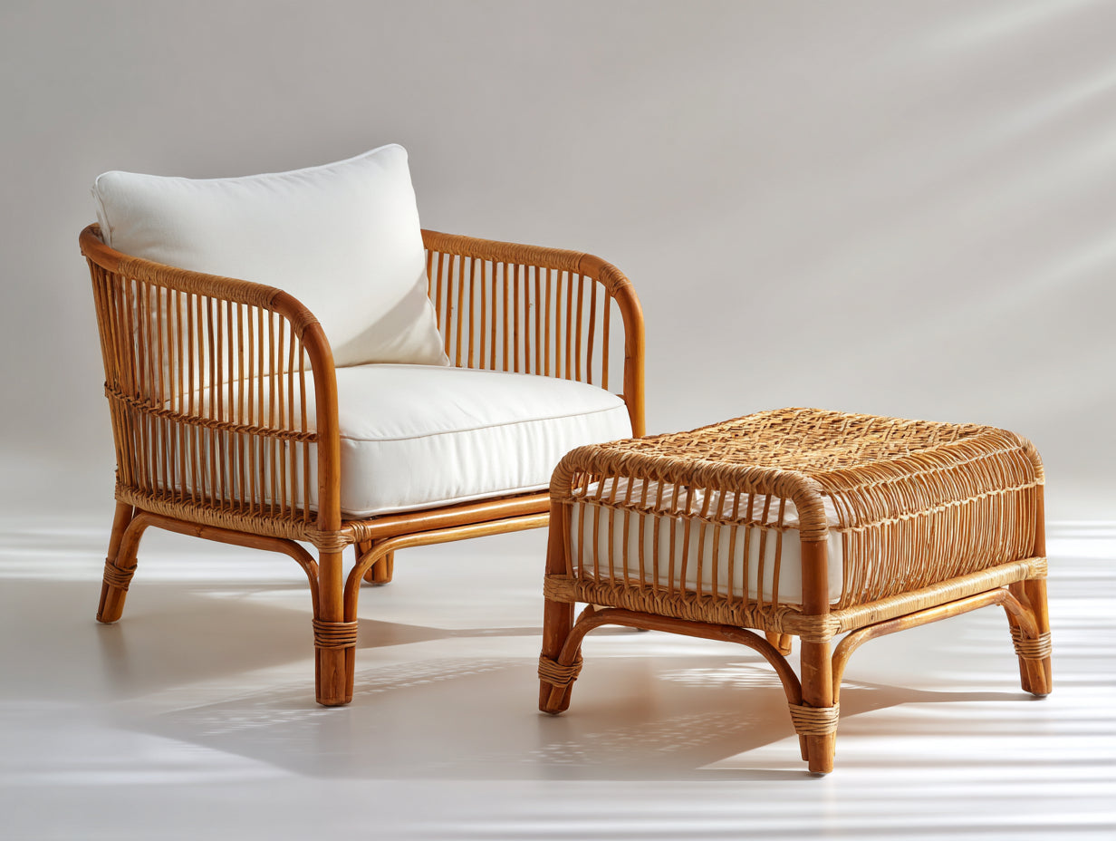 Sillón de ratán con reposapiés 90x85x80 cm - color ratán natural-blanco - exterior e interior - diseño clásico